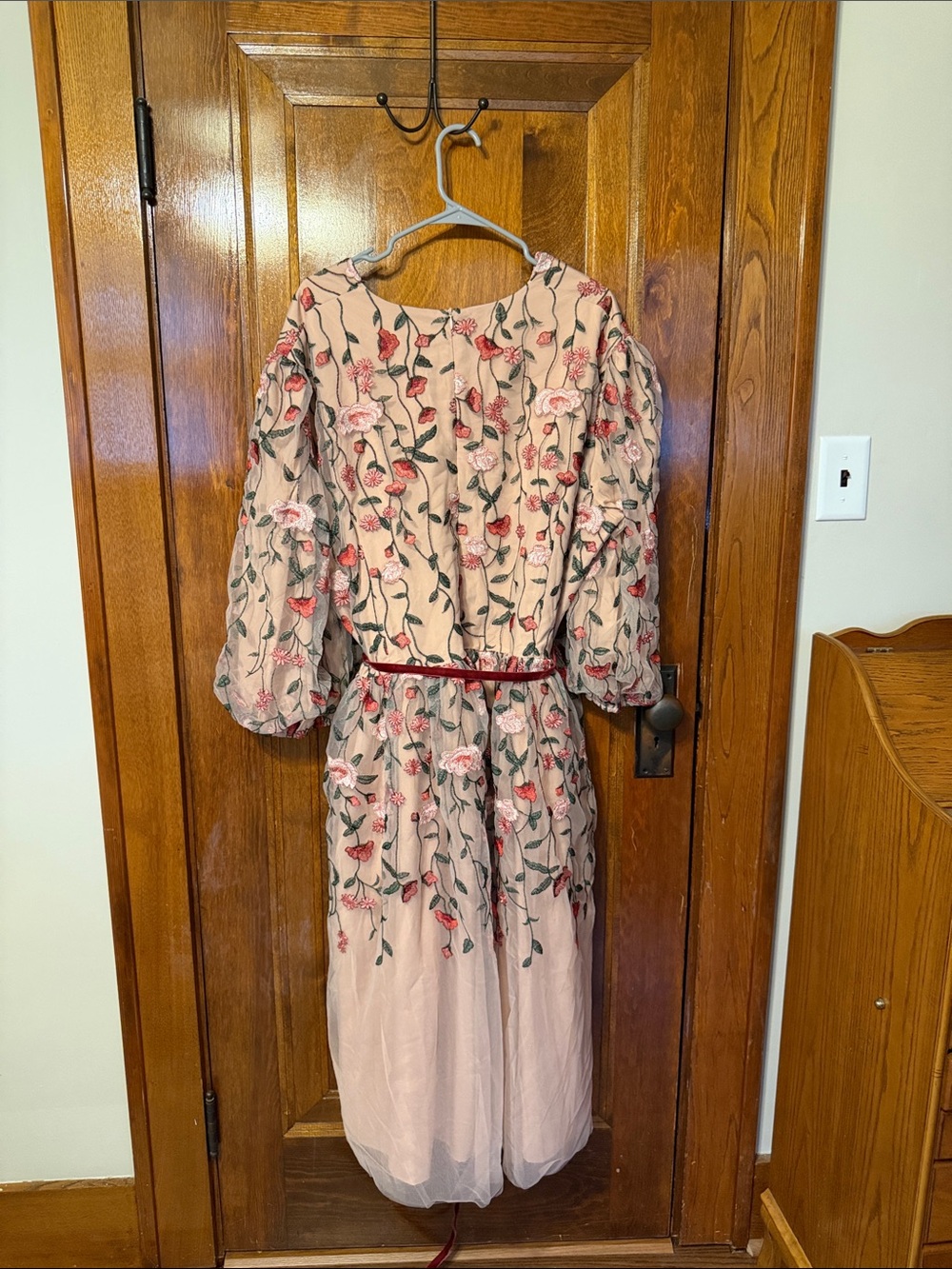 JessaKae Blush Floral Embroidered Maxi Dress with Red Tie - Picture 4 of 4